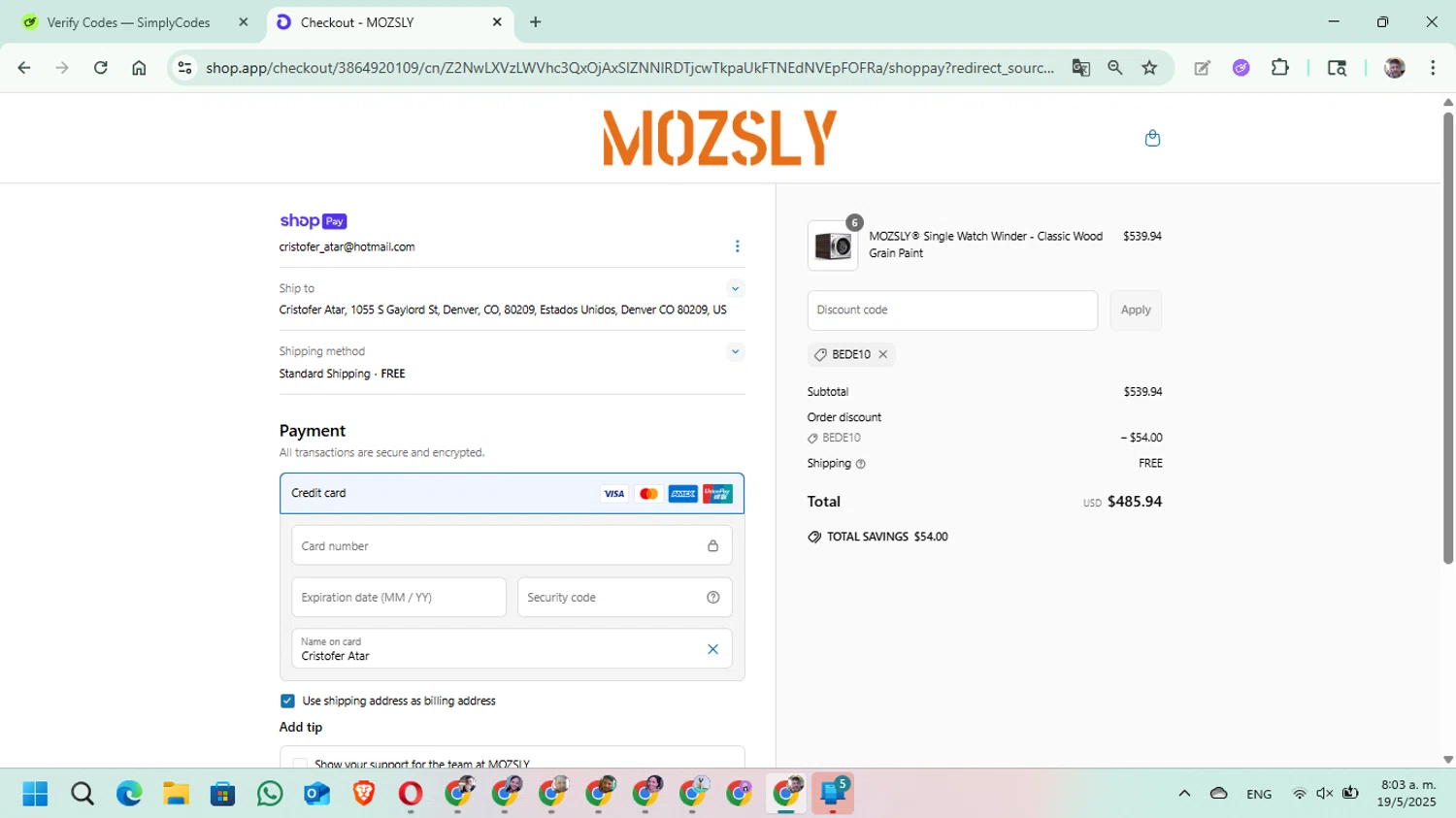 Mozsly discount code screenshot showing code BEDE10 applied at Mozsly checkout page. Uploaded by SimplyCodes community member DavGutFig on May 19, 2025