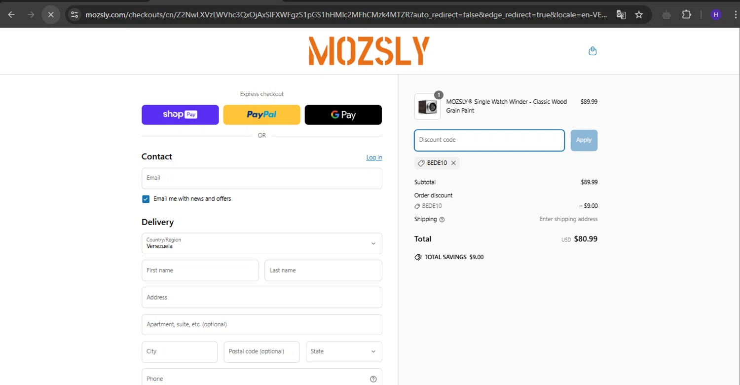 Mozsly discount code screenshot showing code BEDE10 applied at Mozsly checkout page. Uploaded by SimplyCodes community member RebateVirtuoso9954 on Apr 3, 2025