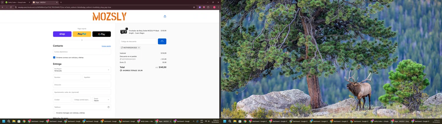 Mozsly discount code screenshot showing code MOTHERSDAY2025 applied at Mozsly checkout page. Uploaded by SimplyCodes community member CouponSage7331 on Oct 21, 2025