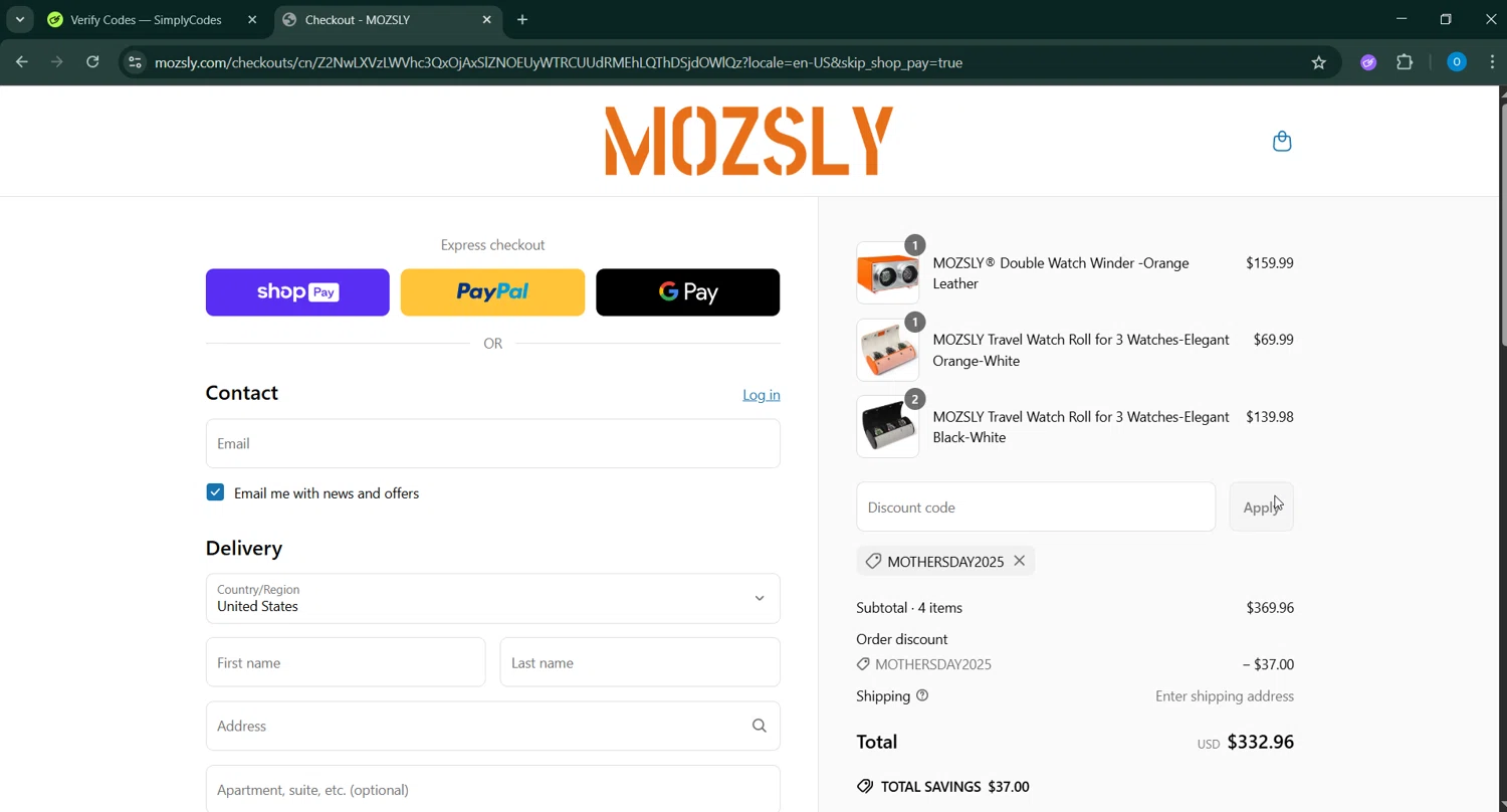 Mozsly discount code screenshot showing code MOTHERSDAY2025 applied at Mozsly checkout page. Uploaded by SimplyCodes community member _____________ on May 19, 2025