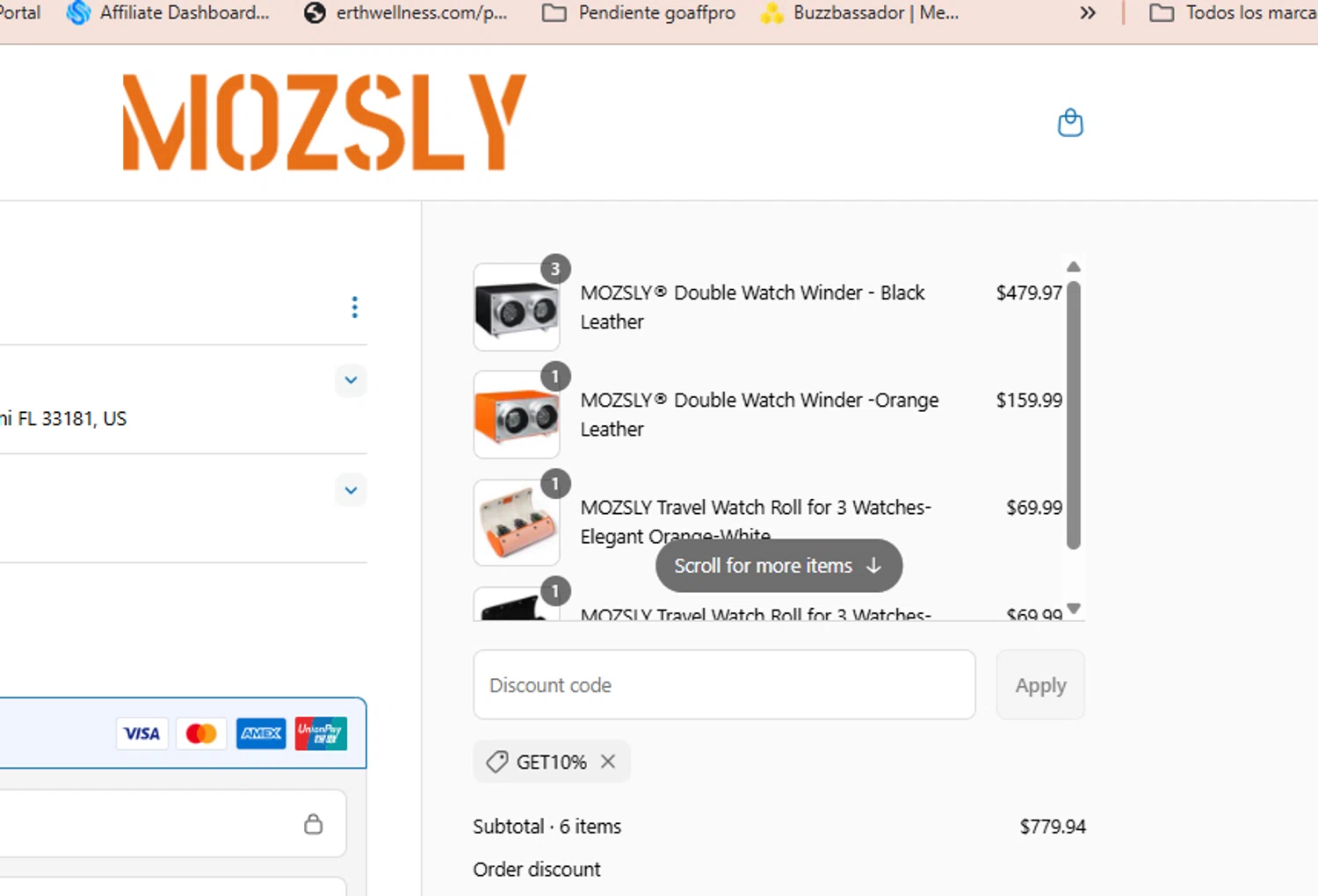 Mozsly discount code screenshot showing code get10% applied at Mozsly checkout page. Uploaded by SimplyCodes community member Lamadama on May 11, 2025