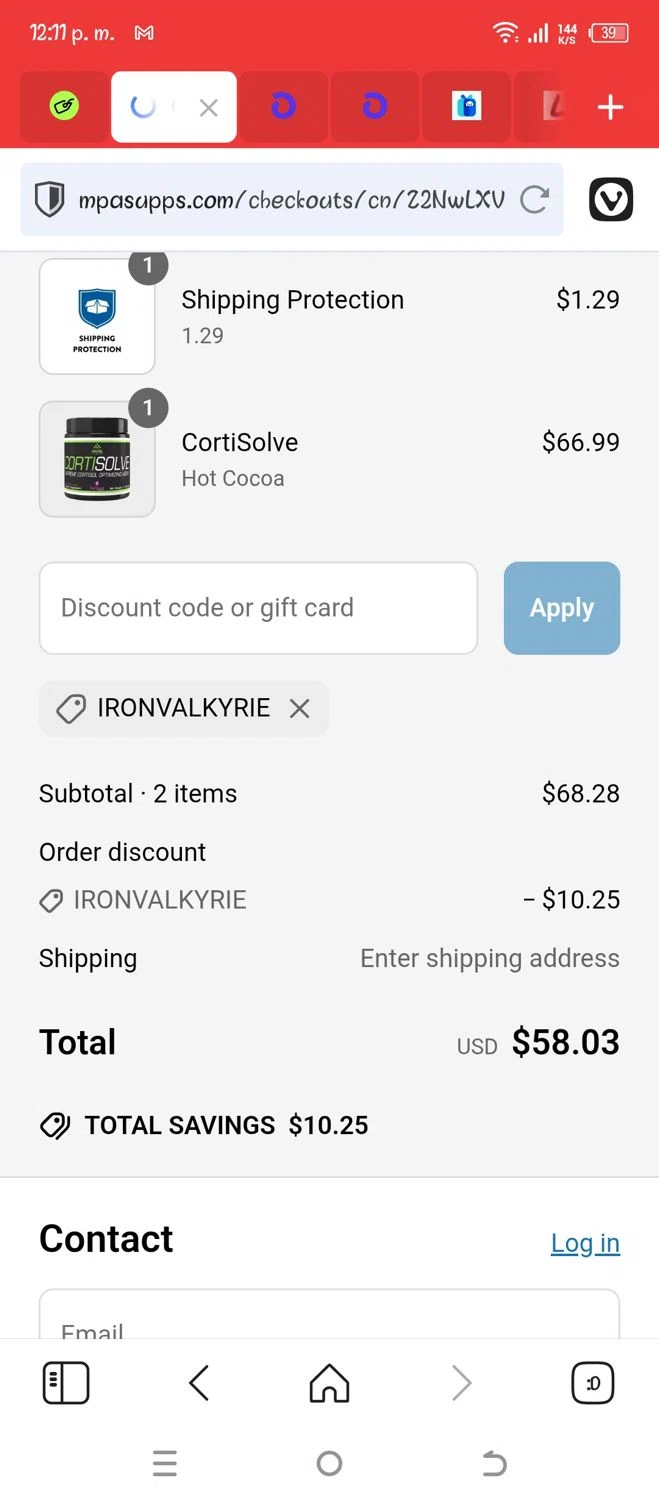 MPA Supps discount code screenshot showing code IRONVALKYRIE applied at MPA Supps checkout page. Uploaded by SimplyCodes community member PromoScholar5313 on Jun 15, 2025