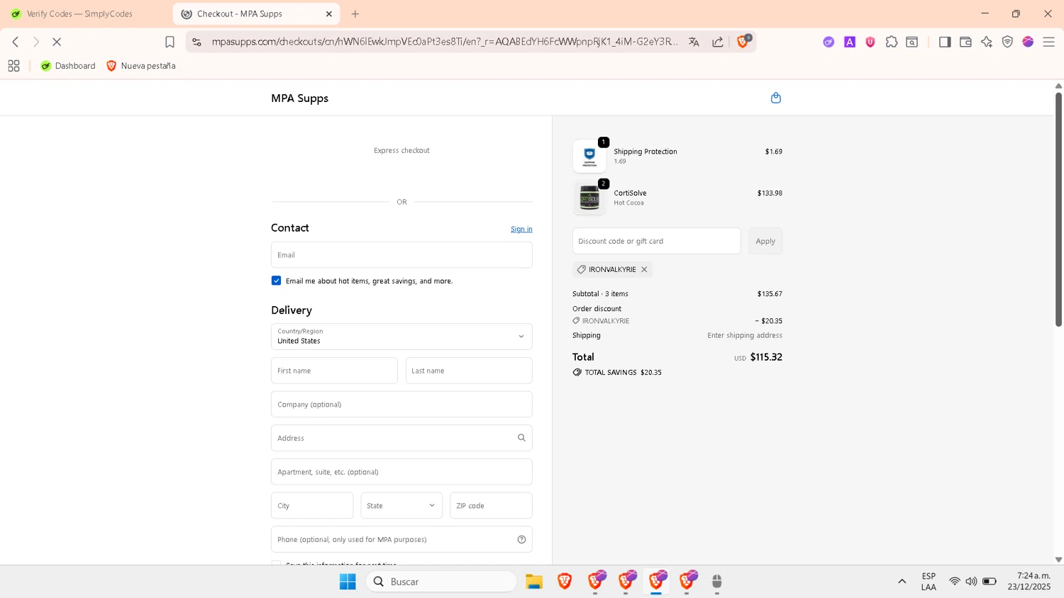 MPA Supps discount code screenshot showing code IRONVALKYRIE applied at MPA Supps checkout page. Uploaded by SimplyCodes community member WonderHawk4190 on Dec 23, 2025