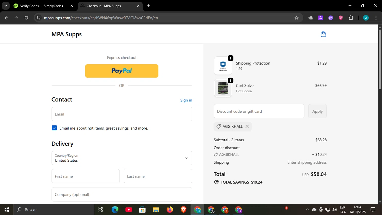 MPA Supps discount code screenshot showing code AGGIKHALL applied at MPA Supps checkout page. Uploaded by SimplyCodes community member WonderCaptain6926 on Oct 14, 2025