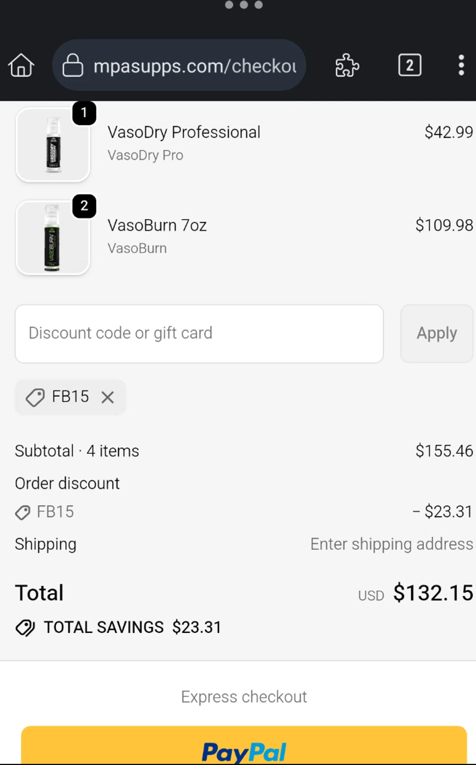MPA Supps discount code screenshot showing code FB15 applied at MPA Supps checkout page. Uploaded by SimplyCodes community member ExtraordinaryMaestro4194 on Oct 22, 2025
