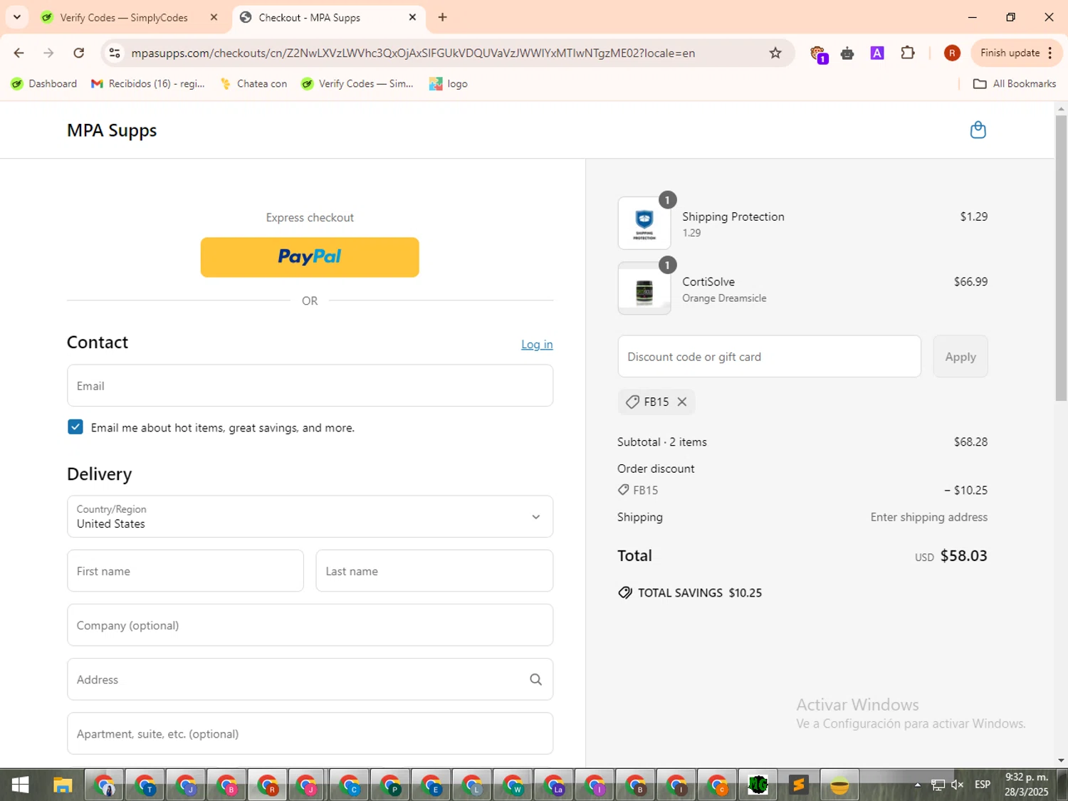 MPA Supps discount code screenshot showing code FB15 applied at MPA Supps checkout page. Uploaded by SimplyCodes community member QuestKnight8819 on Mar 29, 2025