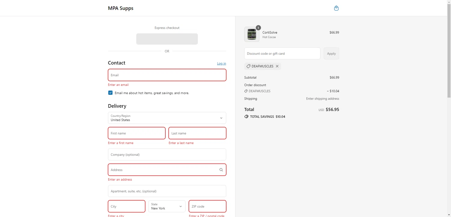 MPA Supps discount code screenshot showing code DEAFMUSCLES applied at MPA Supps checkout page. Uploaded by SimplyCodes community member CrownTiger6508 on Aug 4, 2025