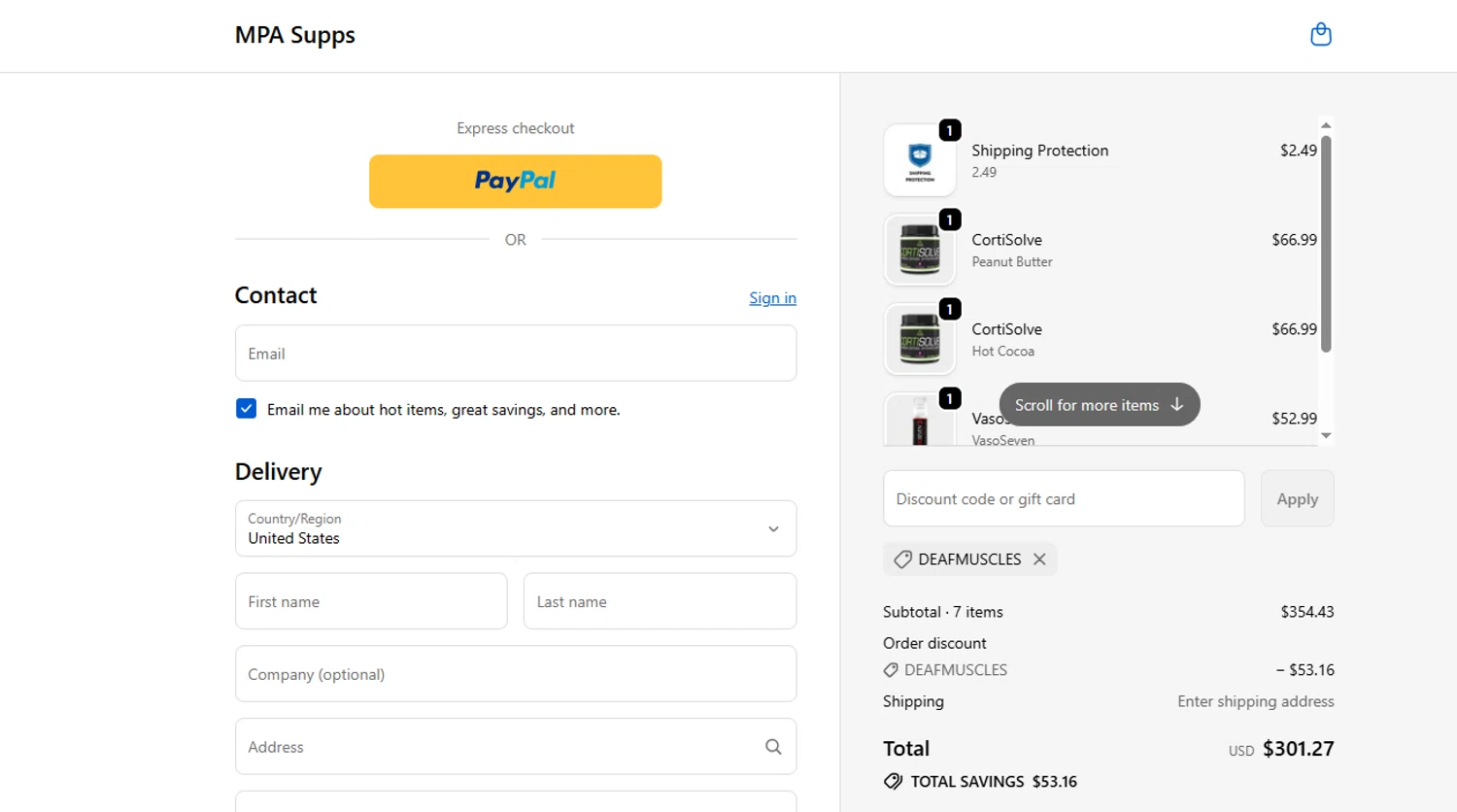 MPA Supps discount code screenshot showing code DEAFMUSCLES applied at MPA Supps checkout page. Uploaded by SimplyCodes community member EpicSpotter6525 on Oct 14, 2025