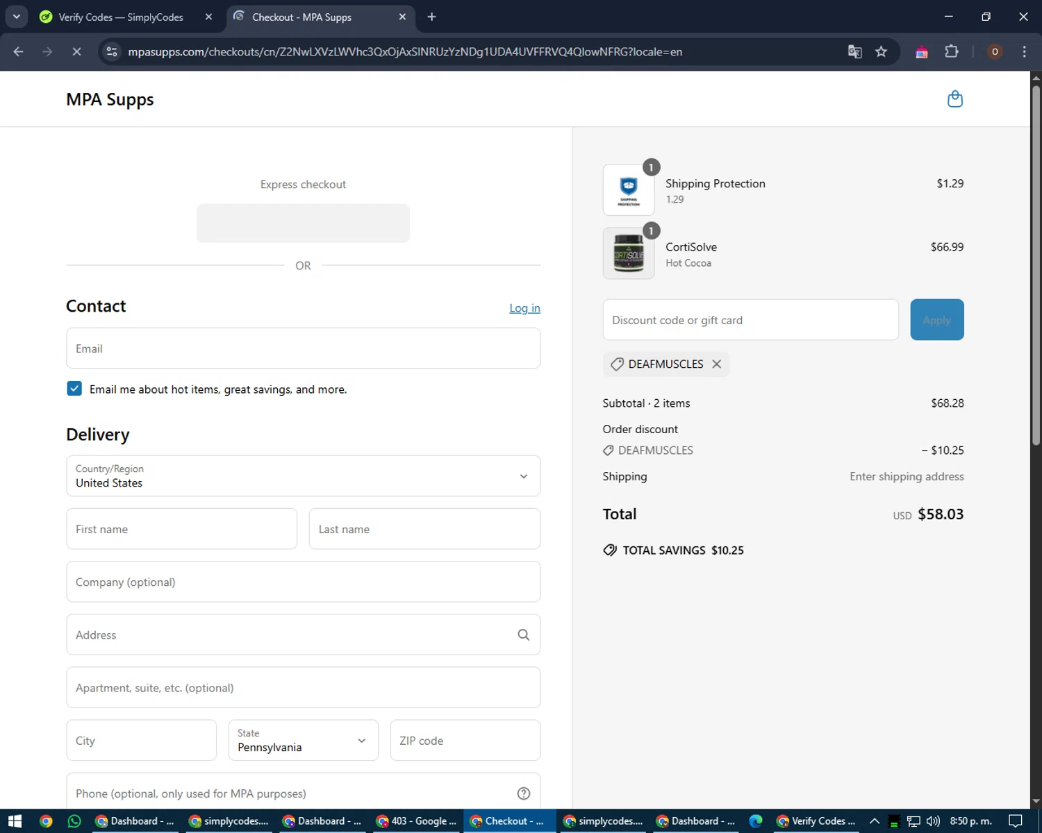 MPA Supps discount code screenshot showing code DEAFMUSCLES applied at MPA Supps checkout page. Uploaded by SimplyCodes community member Legendar on Apr 26, 2025