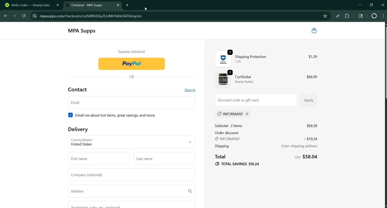 MPA Supps discount code screenshot showing code INFORMANT applied at MPA Supps checkout page. Uploaded by SimplyCodes community member Bernard_Lowe on Oct 3, 2025
