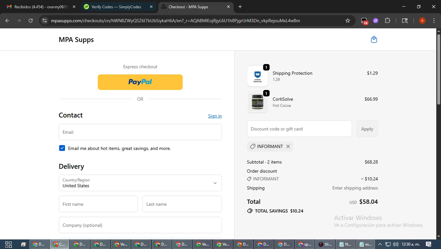 MPA Supps discount code screenshot showing code INFORMANT applied at MPA Supps checkout page. Uploaded by SimplyCodes community member WiseTracker2171 on Feb 9, 2026