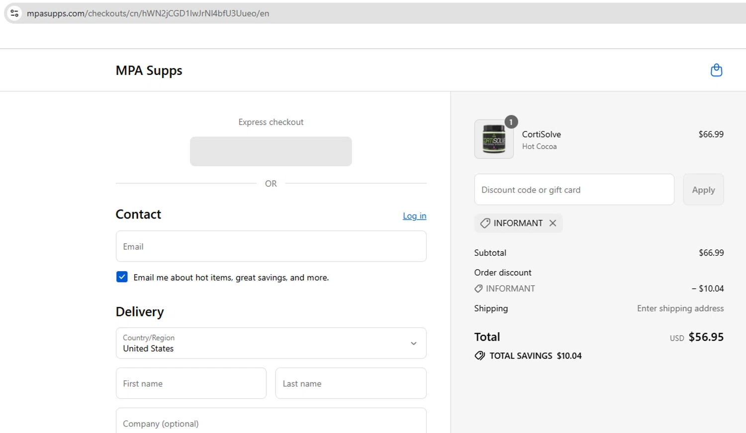 MPA Supps discount code screenshot showing code INFORMANT applied at MPA Supps checkout page. Uploaded by SimplyCodes community member YHLQMDLGN on Sep 8, 2025