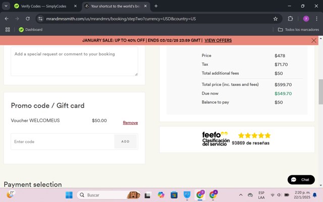 Mr and Mrs Smith checkout page showing Mr and Mrs Smith promo code box | Screenshot taken by SimplyCodes community member on Jan 22, 2025