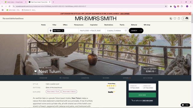Mr and Mrs Smith checkout page showing Mr and Mrs Smith promo code box | Screenshot taken by SimplyCodes community member on Feb 2, 2025