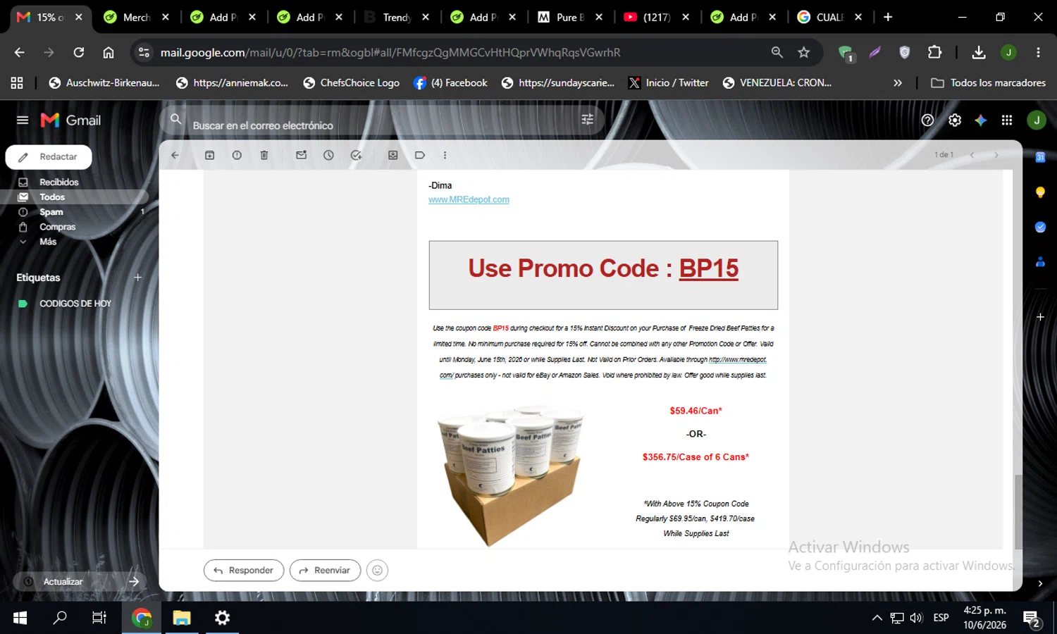 MRE Depot promo code screenshot showing code BP15 applied at MRE Depot checkout page. Uploaded by SimplyCodes community member Codehunter on Jun 10, 2026