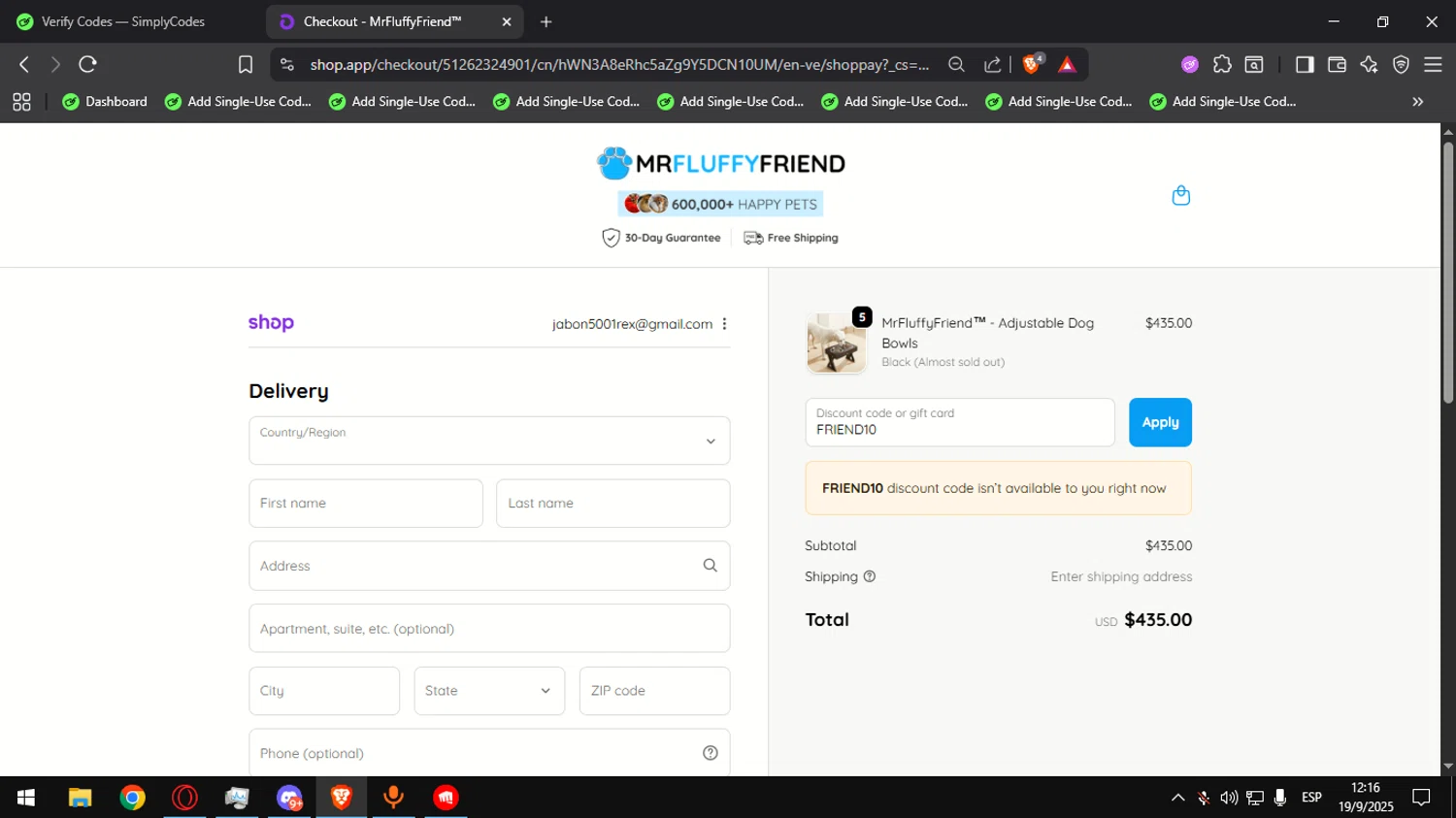 MrFluppyFriend promo code screenshot showing code FRIEND10 applied at MrFluppyFriend checkout page. Uploaded by SimplyCodes community member Ultrapapu on Sep 19, 2025