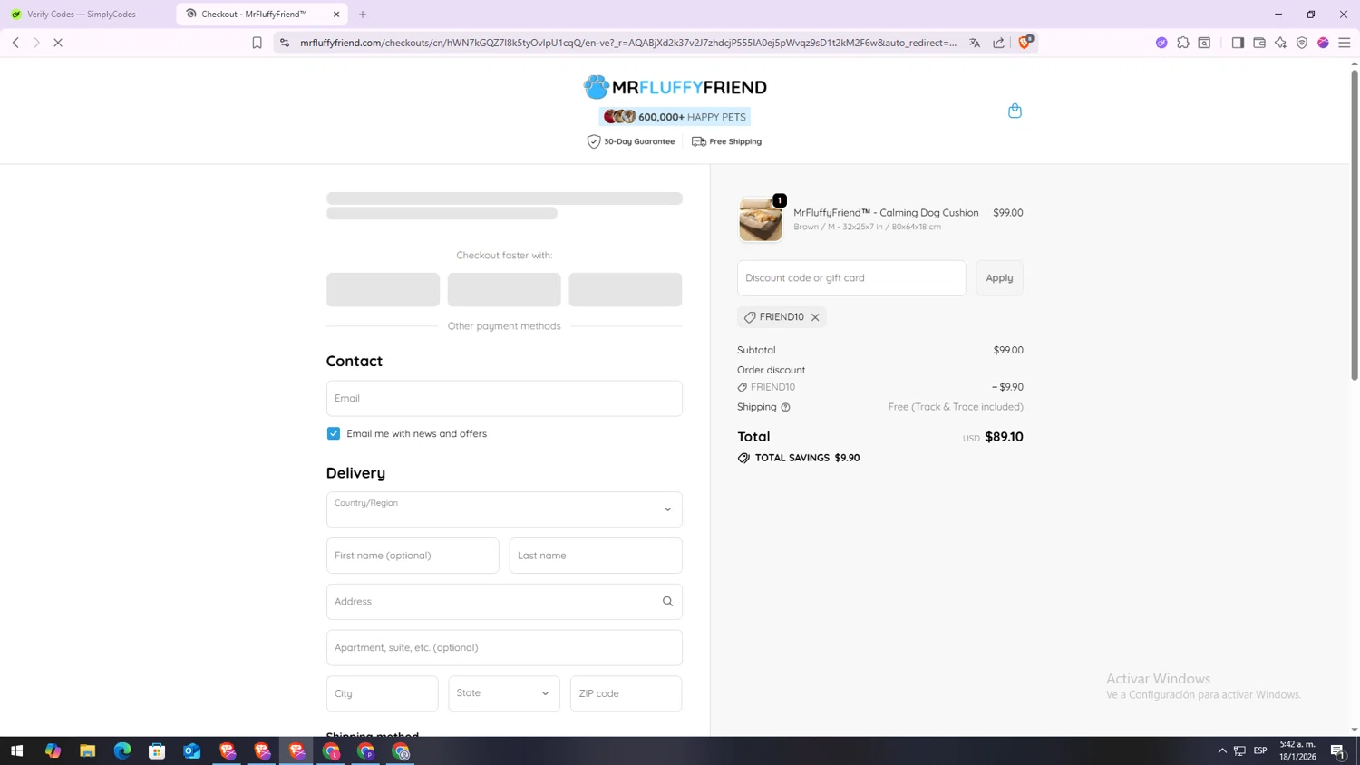 MrFluppyFriend promo code screenshot showing code FRIEND10 applied at MrFluppyFriend checkout page. Uploaded by SimplyCodes community member VoucherSpotter6910 on Jan 18, 2026