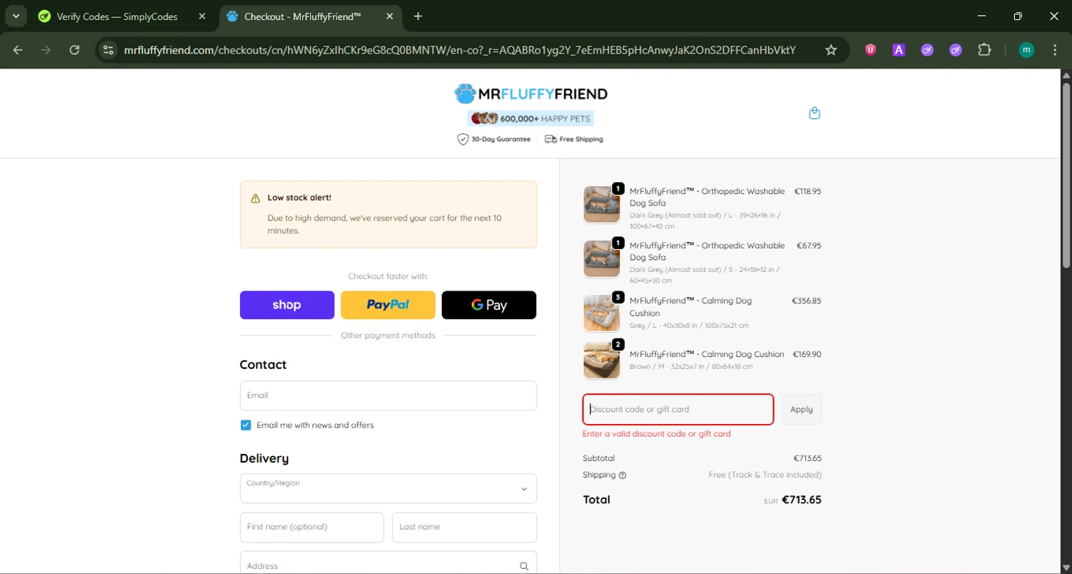 MrFluppyFriend promo code screenshot showing code XMAS applied at MrFluppyFriend checkout page. Uploaded by SimplyCodes community member CrownSpotter4262 on Dec 29, 2025