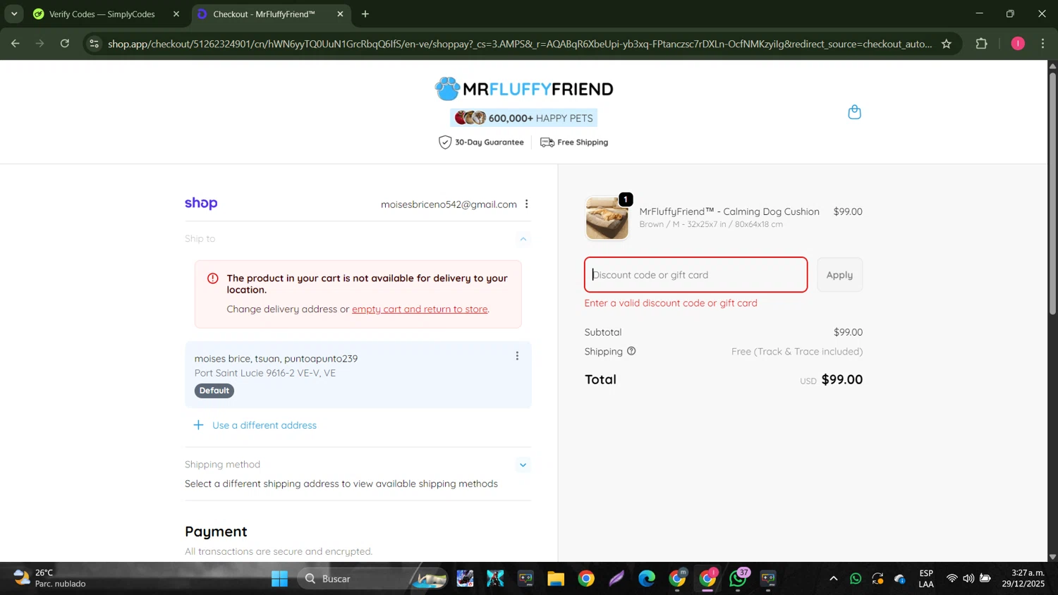 MrFluppyFriend promo code screenshot showing code XMAS applied at MrFluppyFriend checkout page. Uploaded by SimplyCodes community member MightyGuardian8404 on Dec 29, 2025