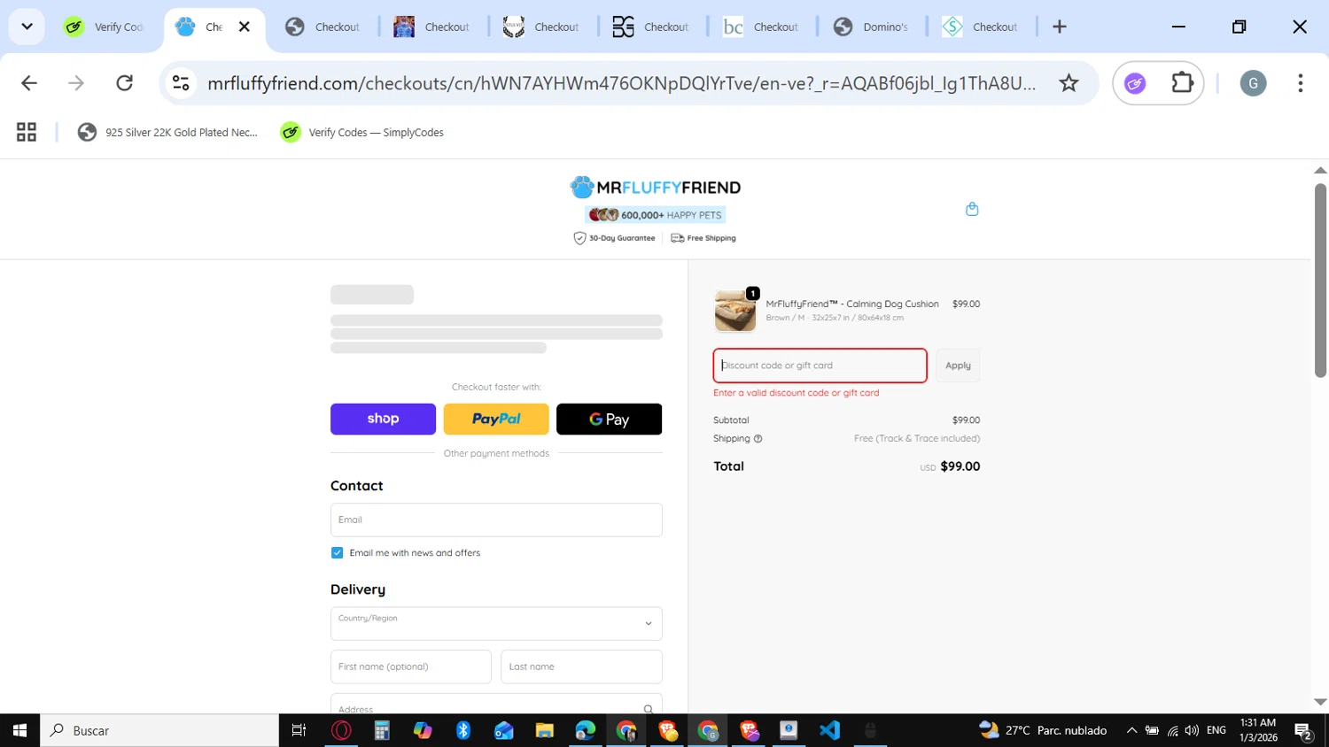 MrFluppyFriend promo code screenshot showing code 2026 applied at MrFluppyFriend checkout page. Uploaded by SimplyCodes community member guest_623525963 on Jan 3, 2026