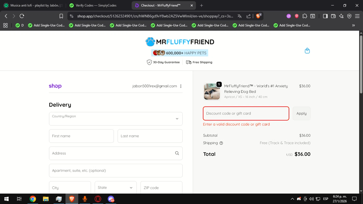 MrFluppyFriend promo code screenshot showing code BED applied at MrFluppyFriend checkout page. Uploaded by SimplyCodes community member Ultrapapu on Jan 27, 2026