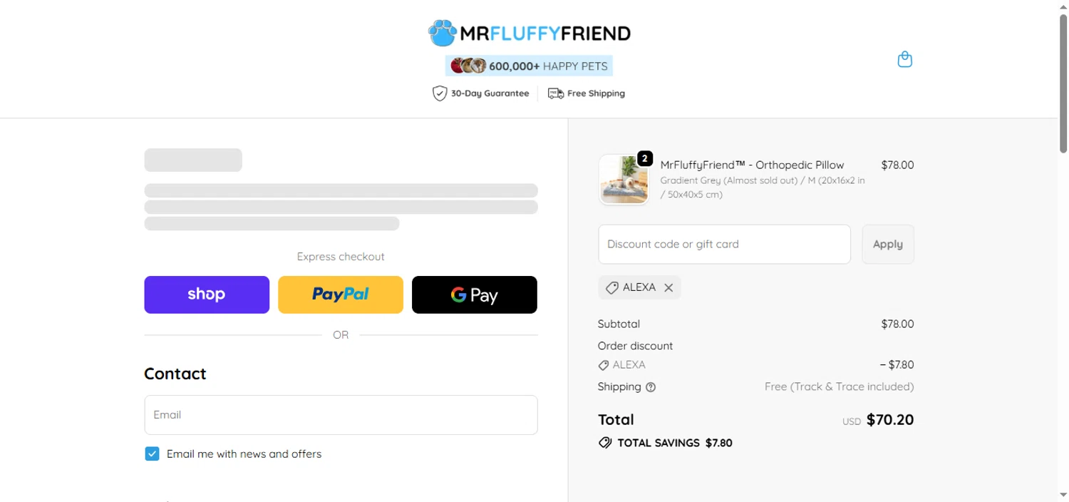 MrFluppyFriend promo code screenshot showing code ALEXA applied at MrFluppyFriend checkout page. Uploaded by SimplyCodes community member BrilliantTracker4309 on Dec 4, 2025