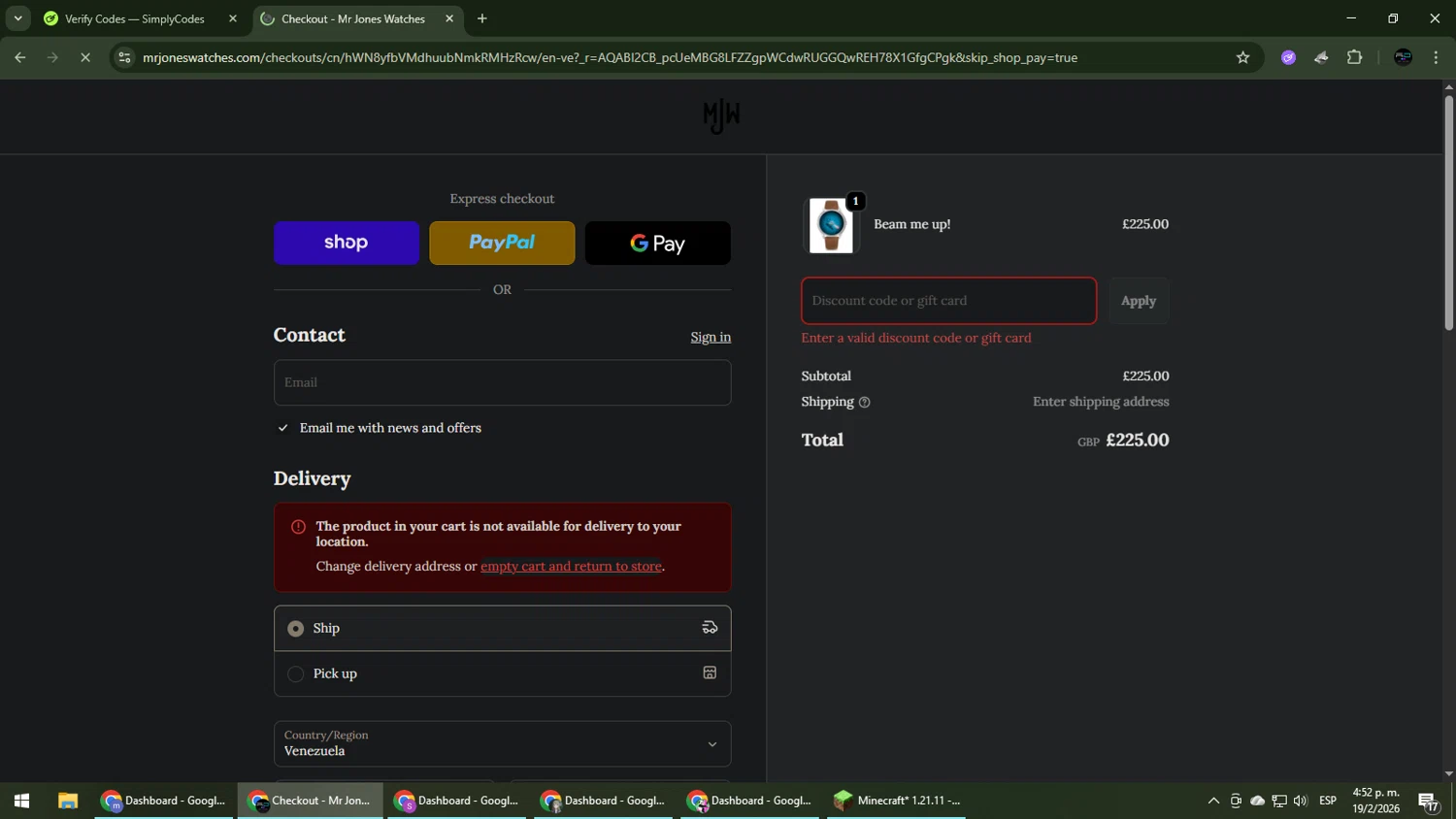 Mr Jones Watches discount code screenshot showing code MJW25 applied at Mr Jones Watches checkout page. Uploaded by SimplyCodes community member CarmenVGR on Feb 19, 2026