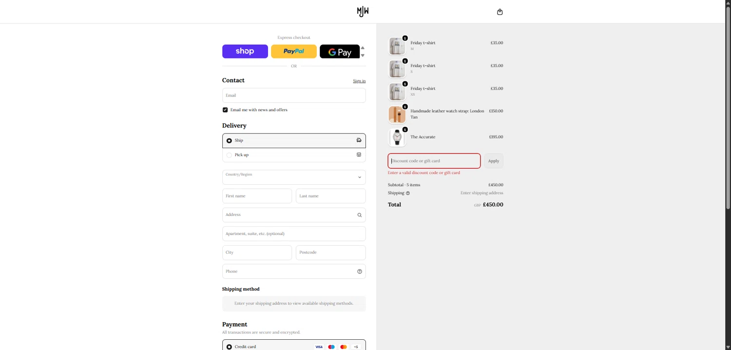 Mr Jones Watches discount code screenshot showing code MJW25 applied at Mr Jones Watches checkout page. Uploaded by SimplyCodes community member QuestKnight7206 on Feb 12, 2026