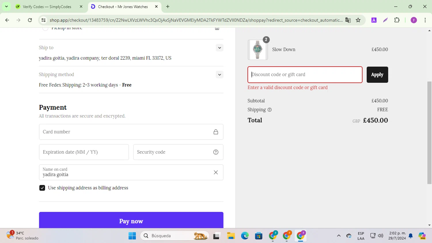 Mr Jones Watches checkout page showing Mr Jones Watches discount code box | Screenshot taken by SimplyCodes community member on Jul 29, 2024