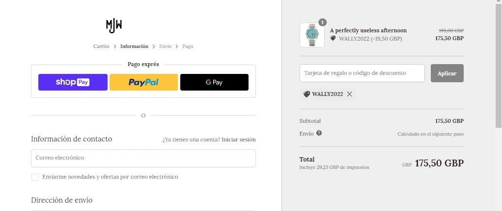 Mr Jones Watches checkout page showing Mr Jones Watches discount code box | Screenshot taken by SimplyCodes community member on Apr 2, 2022