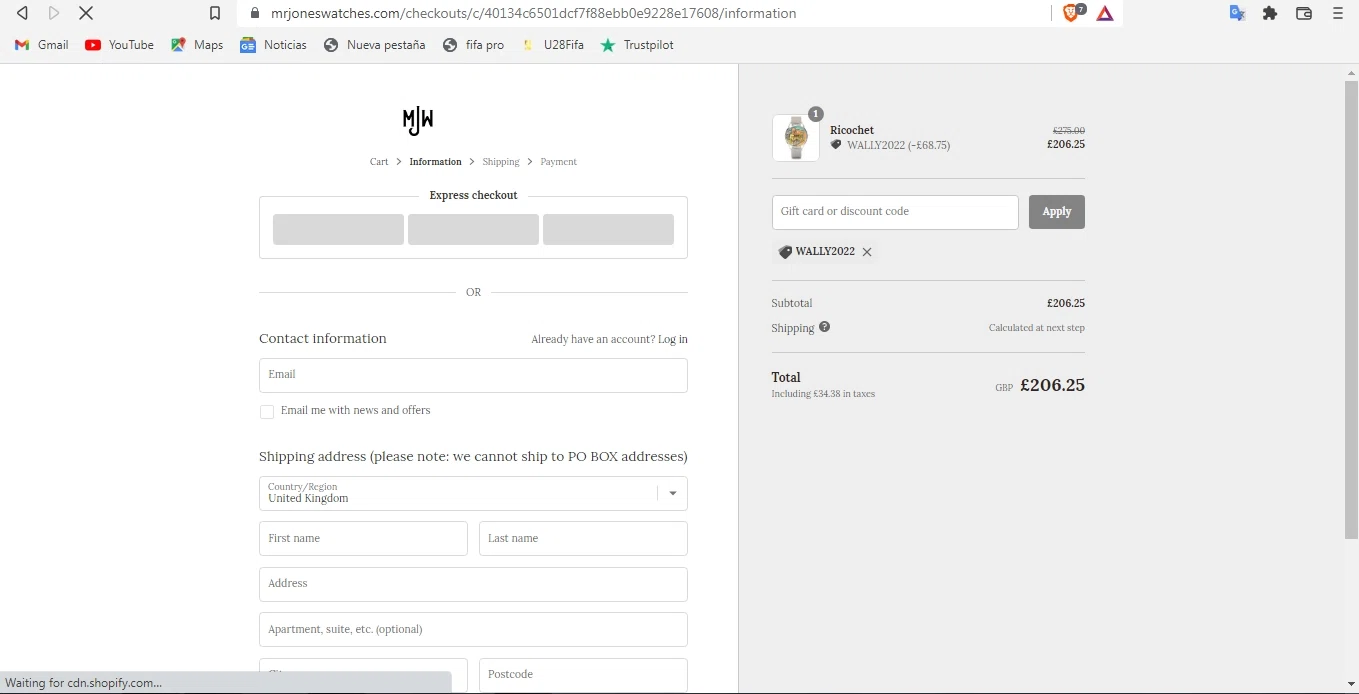 Mr Jones Watches checkout page showing Mr Jones Watches discount code box | Screenshot taken by SimplyCodes community member on May 4, 2022