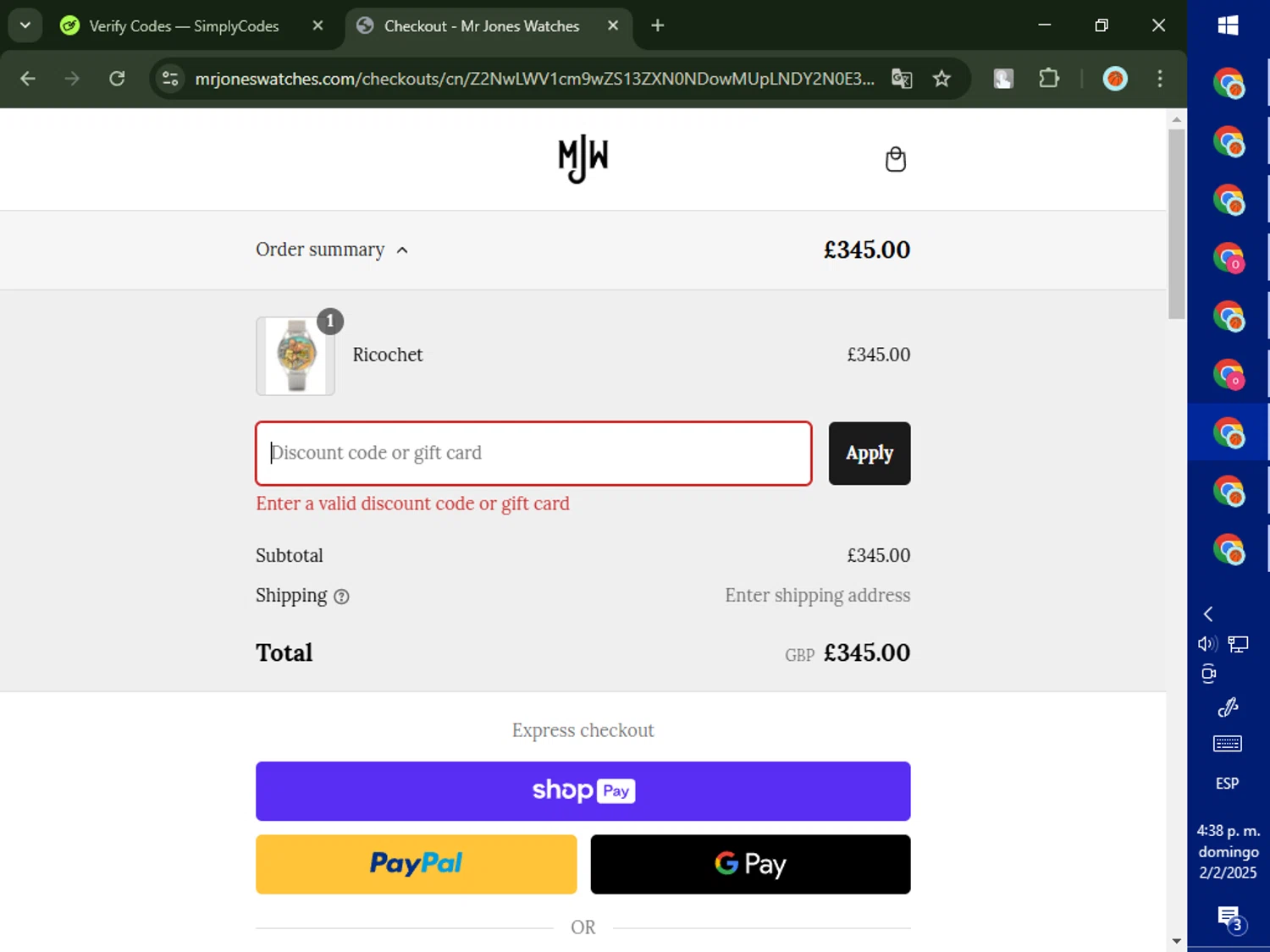 Mr Jones Watches discount code screenshot showing code WALLY2022 applied at Mr Jones Watches checkout page. Uploaded by SimplyCodes community member DealTiger9869 on Feb 2, 2025