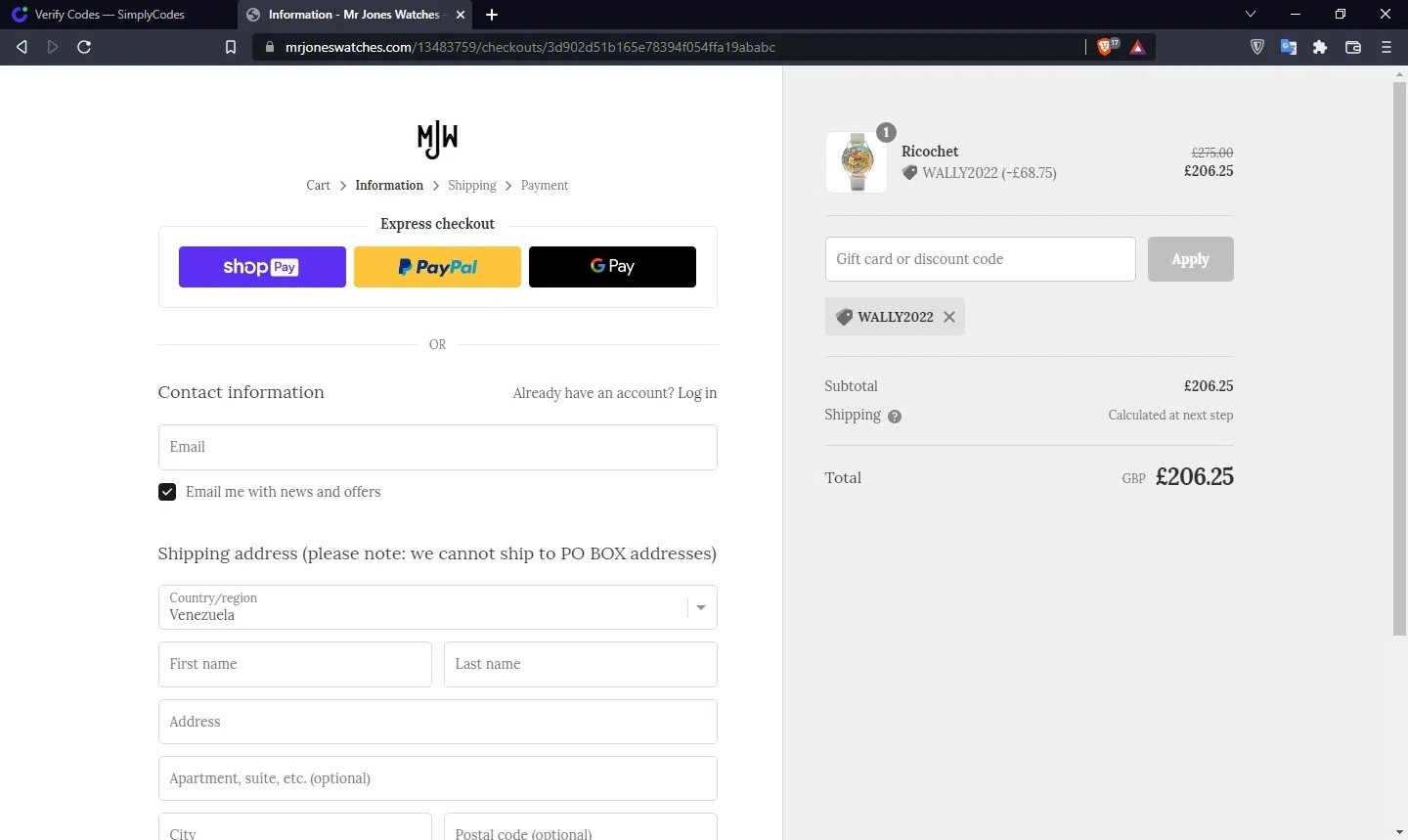 Mr Jones Watches checkout page showing Mr Jones Watches discount code box | Screenshot taken by SimplyCodes community member on Jun 3, 2022