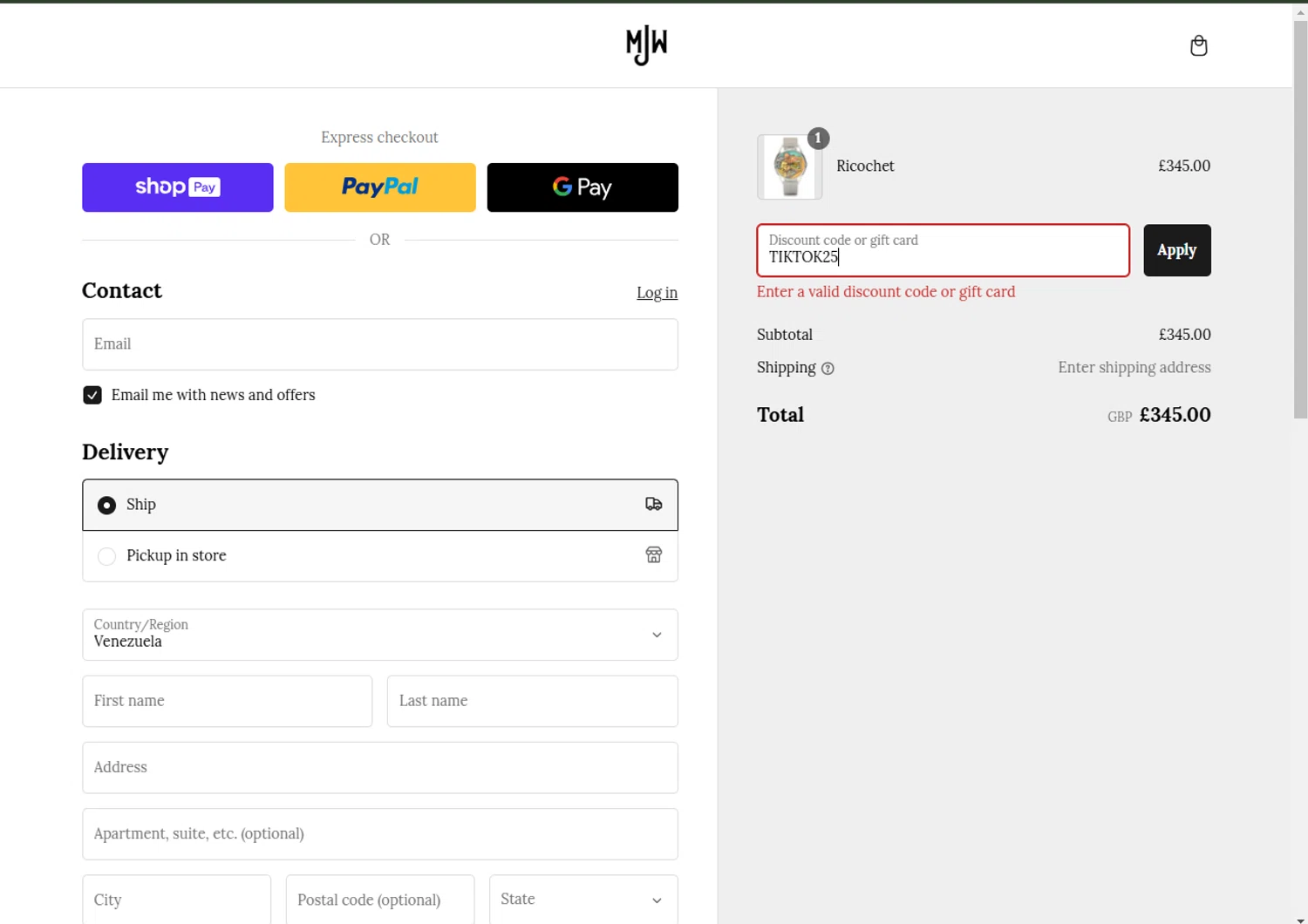 Mr Jones Watches discount code screenshot showing code TIKTOK25 applied at Mr Jones Watches checkout page. Uploaded by SimplyCodes community member RewardPhoenix3732 on Feb 27, 2025