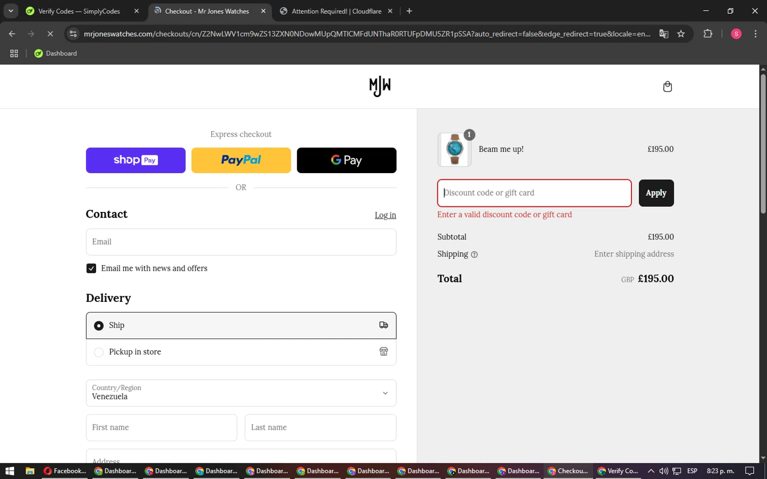 Mr Jones Watches discount code screenshot showing code TIKTOK25 applied at Mr Jones Watches checkout page. Uploaded by SimplyCodes community member BargainPilot4994 on Mar 11, 2025