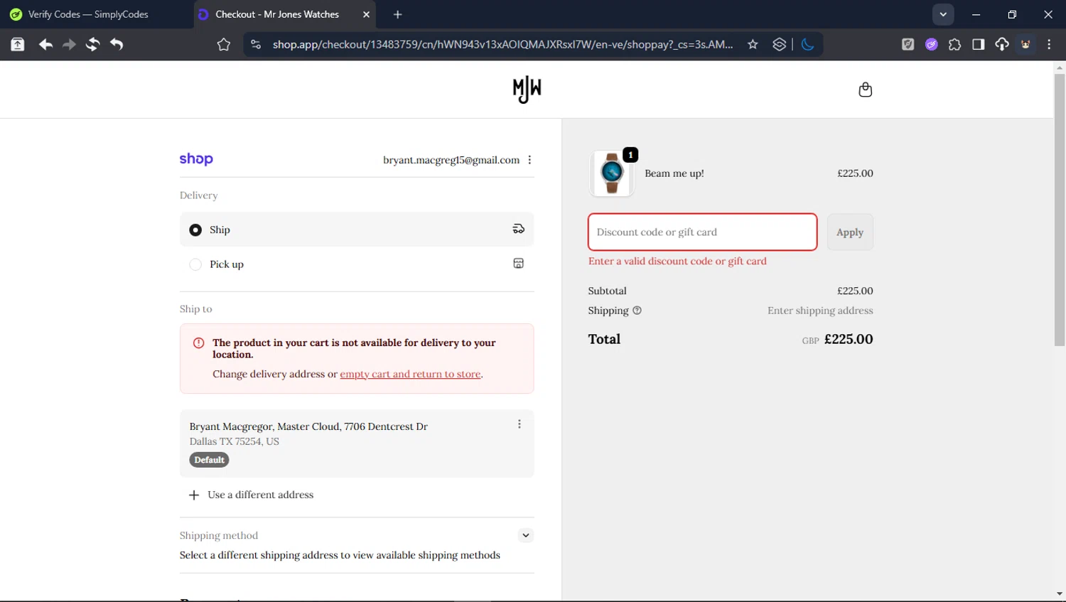 Mr Jones Watches discount code screenshot showing code BEAM applied at Mr Jones Watches checkout page. Uploaded by SimplyCodes community member Userr2 on Feb 22, 2026