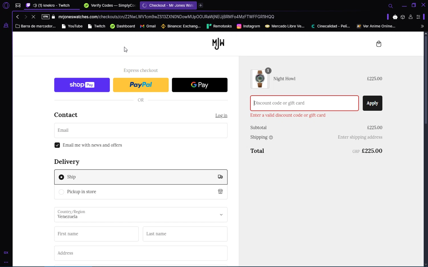 Mr Jones Watches discount code screenshot showing code NIGHT20 applied at Mr Jones Watches checkout page. Uploaded by SimplyCodes community member trinzo on Mar 1, 2025