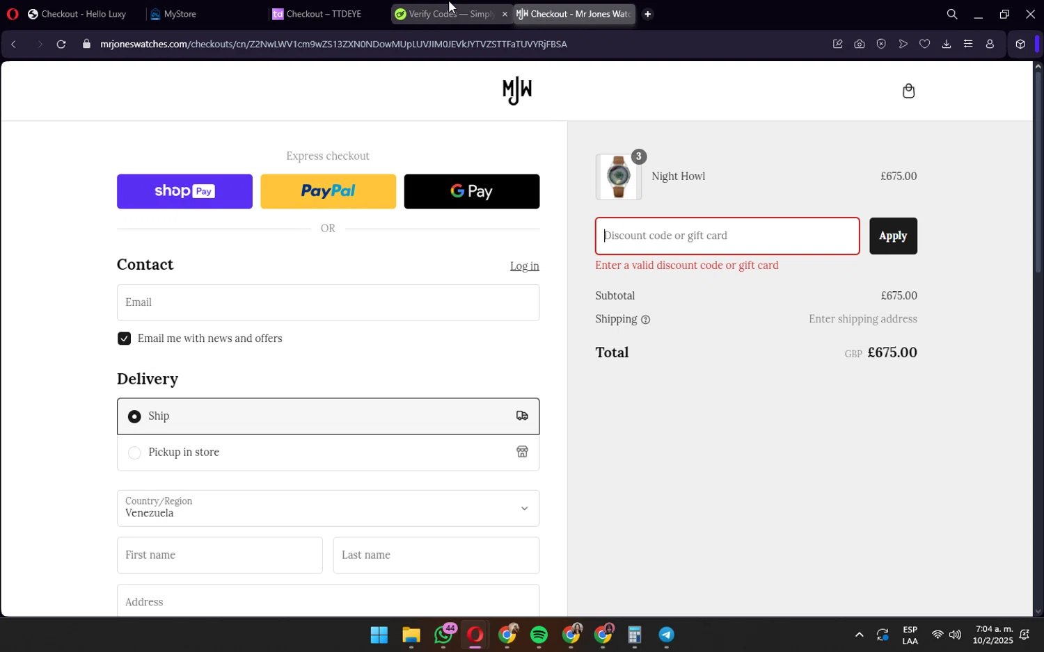 Mr Jones Watches discount code screenshot showing code NIGHT20 applied at Mr Jones Watches checkout page. Uploaded by SimplyCodes community member wednesday on Feb 10, 2025
