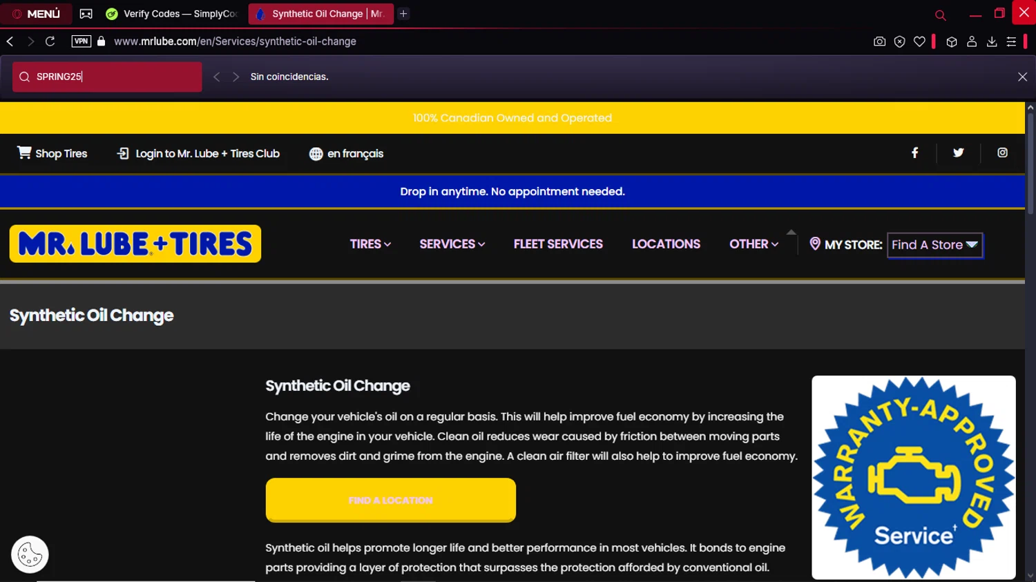 Mr. Lube promo code screenshot showing code SPRING25 applied at Mr. Lube checkout page. Uploaded by SimplyCodes community member MoneyTitan8787 on Feb 27, 2025