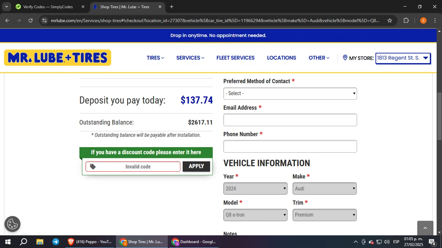 Mr. Lube promo code screenshot showing code SALE20 applied at Mr. Lube checkout page. Uploaded by SimplyCodes community member StevenZarraga on Feb 27, 2025