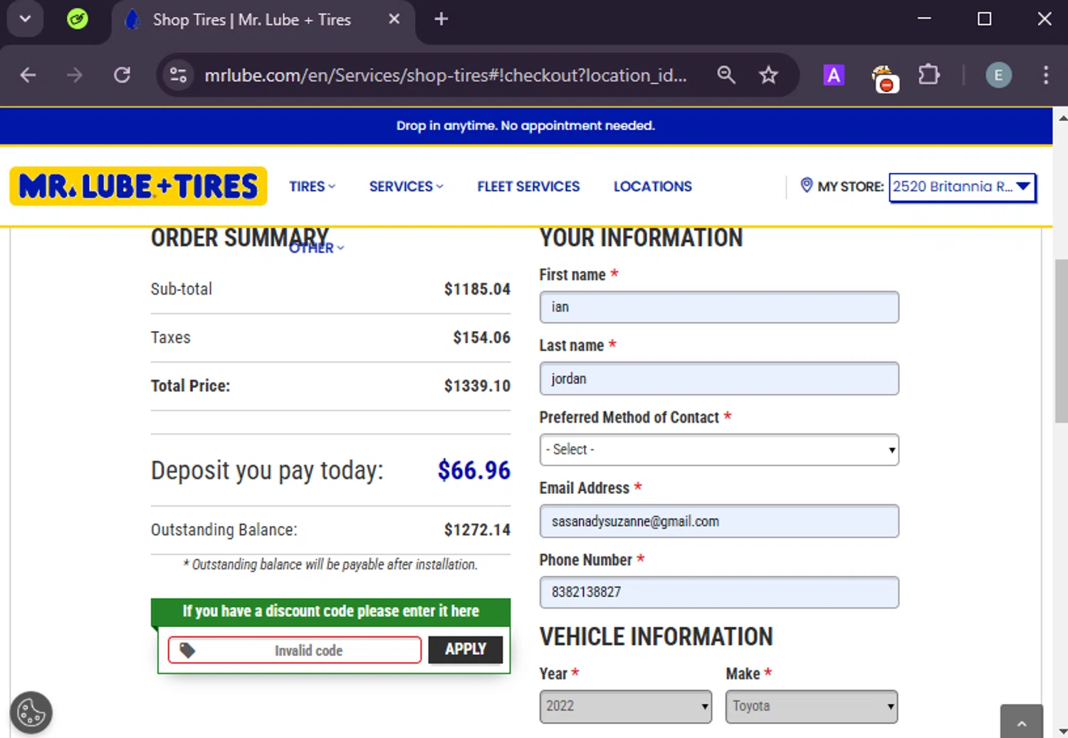 Mr. Lube promo code screenshot showing code SALE20 applied at Mr. Lube checkout page. Uploaded by SimplyCodes community member LuckyExpert7689 on Feb 27, 2025