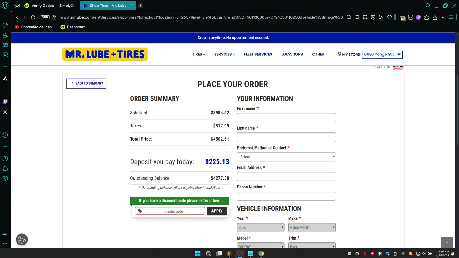 Mr. Lube promo code screenshot showing code MOM15 applied at Mr. Lube checkout page. Uploaded by SimplyCodes community member manuelchirinos2 on Apr 25, 2025