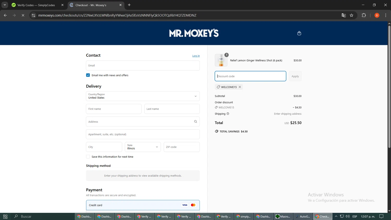 Mr. Moxey's promo code screenshot showing code WELCOME15 applied at Mr. Moxey's checkout page. Uploaded by SimplyCodes community member TreasureCurator8902 on Mar 23, 2025