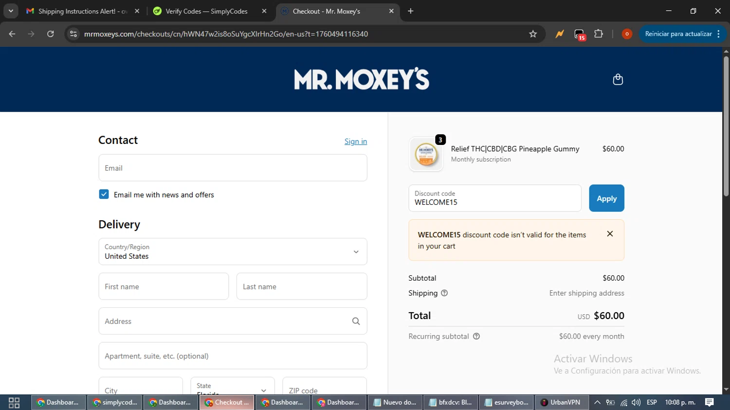 Mr. Moxey's promo code screenshot showing code WELCOME15 applied at Mr. Moxey's checkout page. Uploaded by SimplyCodes community member WiseTracker2171 on Oct 15, 2025