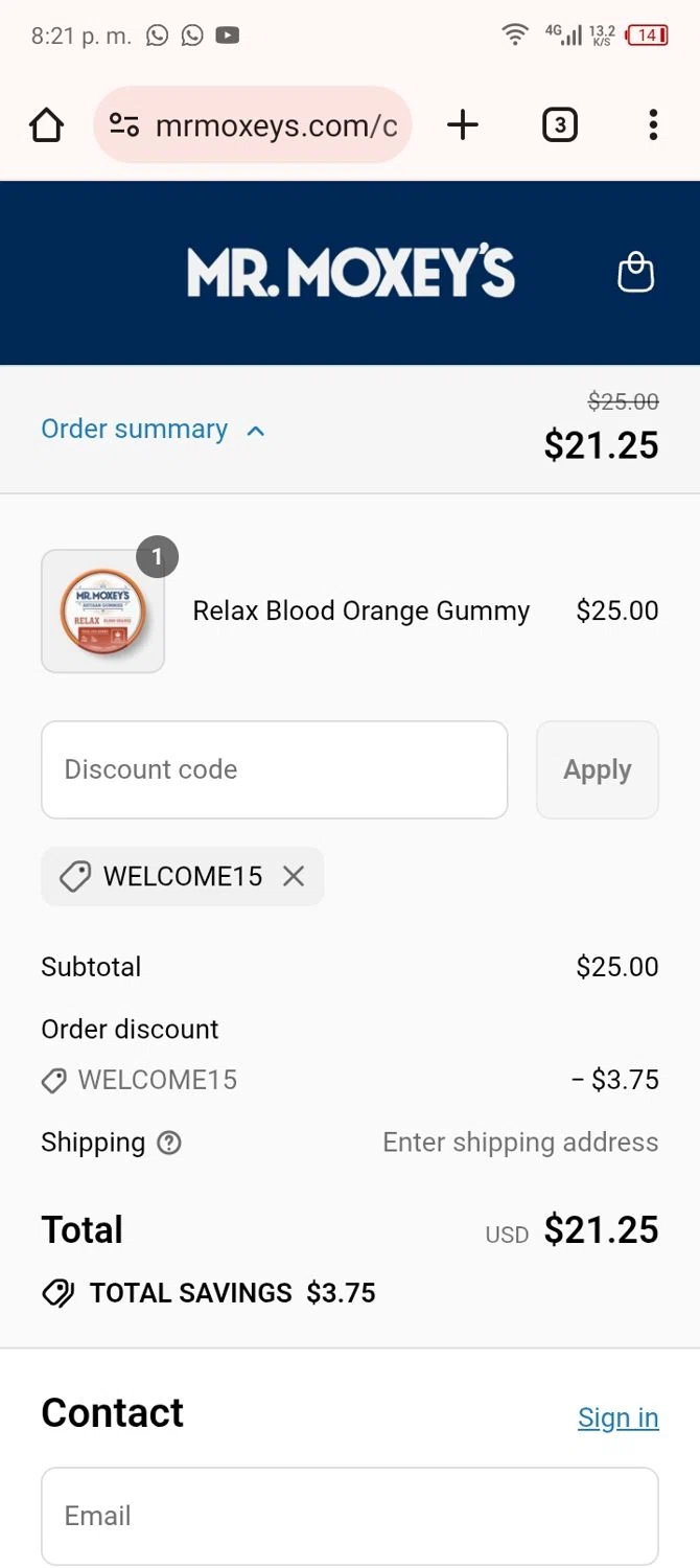 Mr. Moxey's promo code screenshot showing code WELCOME15 applied at Mr. Moxey's checkout page. Uploaded by SimplyCodes community member Xx_Cogeburras3000_xX on Sep 17, 2025