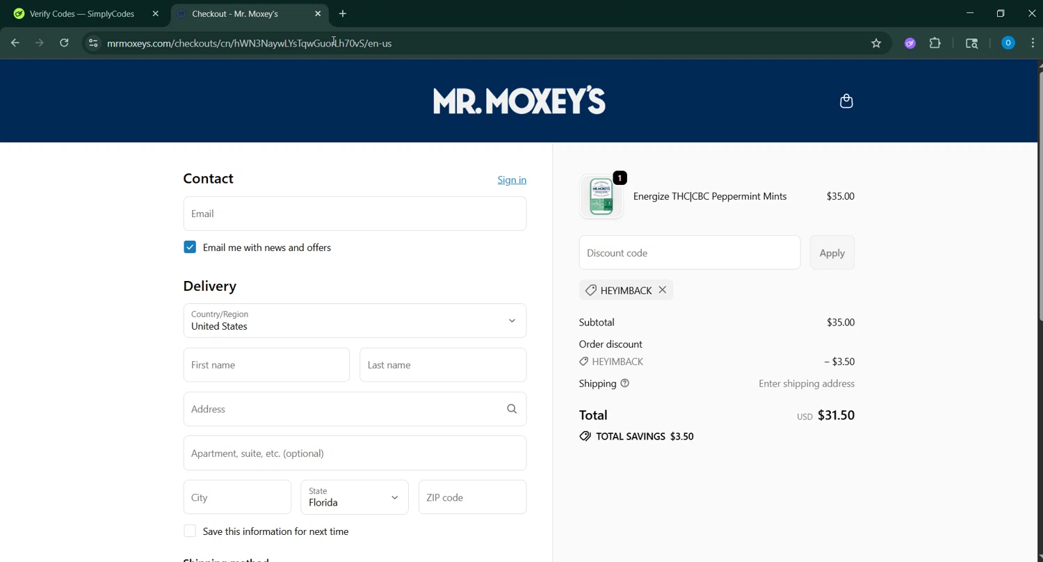 Mr. Moxey's promo code screenshot showing code HEYIMBACK applied at Mr. Moxey's checkout page. Uploaded by SimplyCodes community member GoldAdmiral5202 on Sep 25, 2025