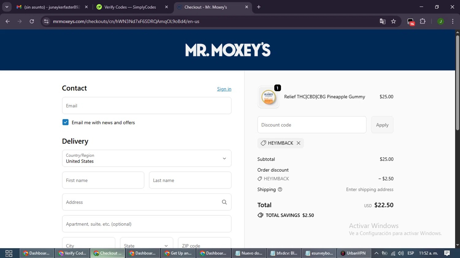 Mr. Moxey's promo code screenshot showing code HEYIMBACK applied at Mr. Moxey's checkout page. Uploaded by SimplyCodes community member SmartLion6646 on Sep 25, 2025