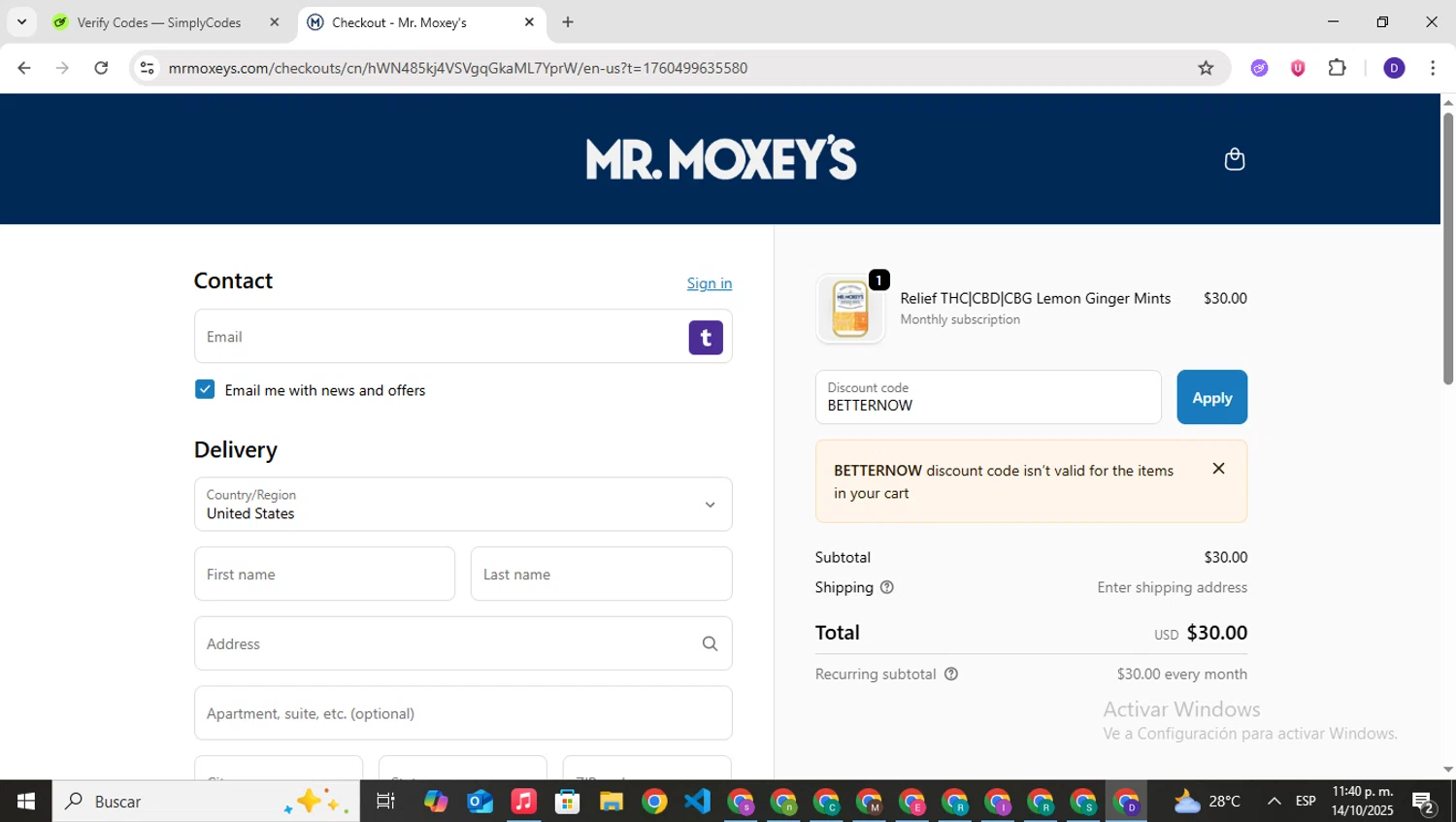 Mr. Moxey's promo code screenshot showing code BETTERNOW applied at Mr. Moxey's checkout page. Uploaded by SimplyCodes community member PrimeNavigator3251 on Oct 15, 2025