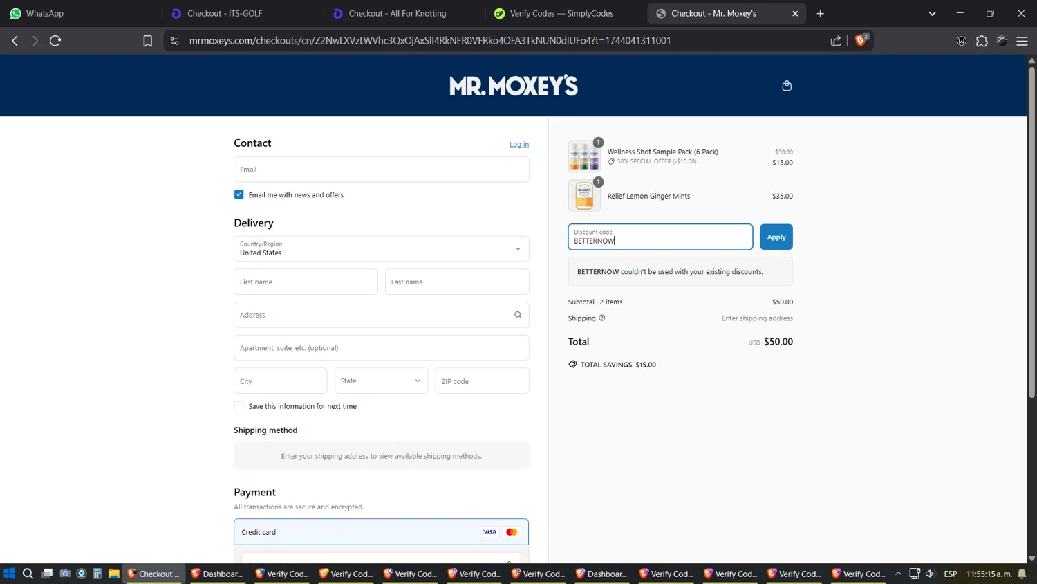 Mr. Moxey's promo code screenshot showing code BETTERNOW applied at Mr. Moxey's checkout page. Uploaded by SimplyCodes community member SimplyGOAT on Apr 7, 2025