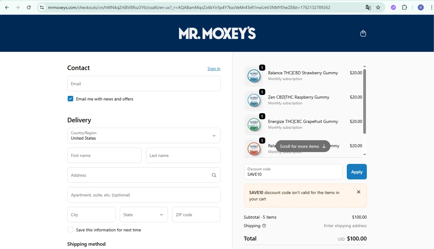 Mr. Moxey's promo code screenshot showing code SAVE10 applied at Mr. Moxey's checkout page. Uploaded by SimplyCodes community member CoinPilot9113 on Nov 3, 2025